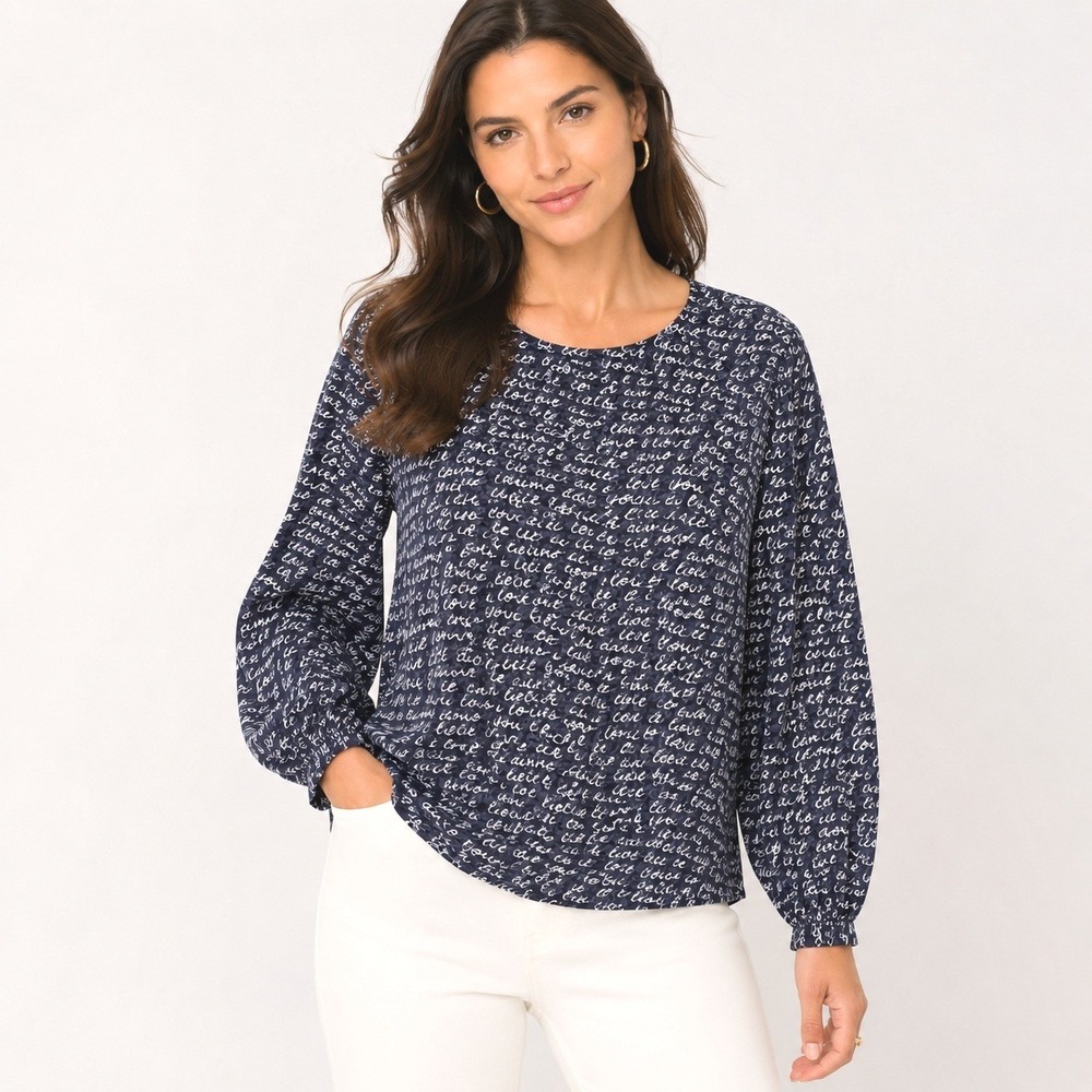 Cabi NWT Script Print‎ Blouse Small Navy White Balloon Sleeve Career Office Top